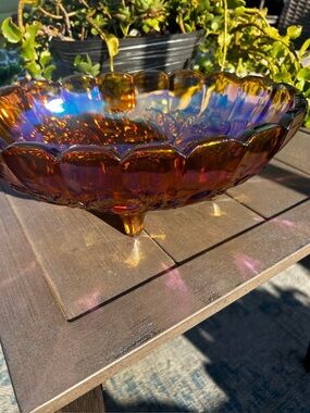 Harvest Grape Iridescent Gold Carnival Glass Footed Oval Bowl 12x8x4.5"